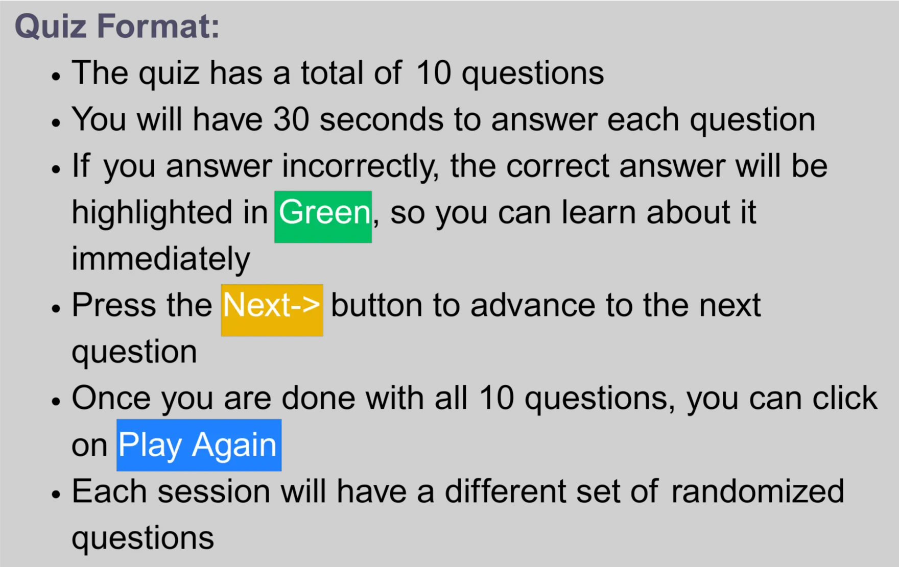 Quiz Instructions